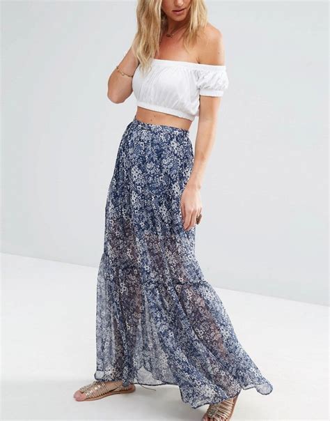 Asos Tiered Maxi Skirt In Ditsy Floral With Front Split At Asos Com Long Tiered Skirt Shiny