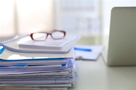 Office Desk A Stack Of Computer Paper Reports Work Forms Stock Image