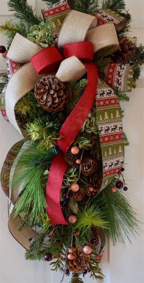 Green Burgundy And Beige Teardrop Swag Pine Wreath With Berries And