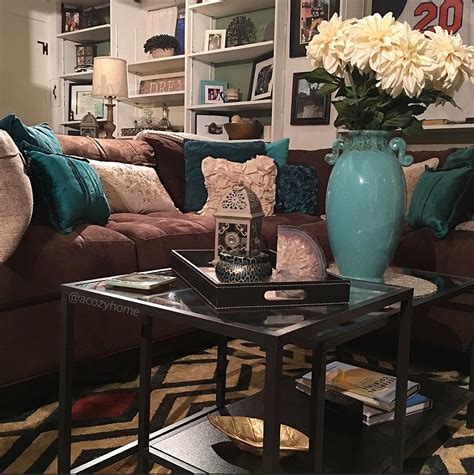 Cozy Brown Couch With Teal Accents Turquoise And Brown Built In