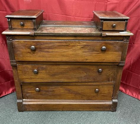 Victorian Walnut Dresser Base With Marble Top For Auction Glove Boxes Over Three Drawers 37”x40