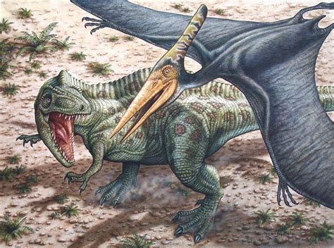 Acrocanthosaurus And Pteranodon © Phil Wilson Watercolor Using