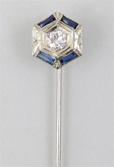 Art Deco 18k Gold And Diamond Hexagonal Stick Pin