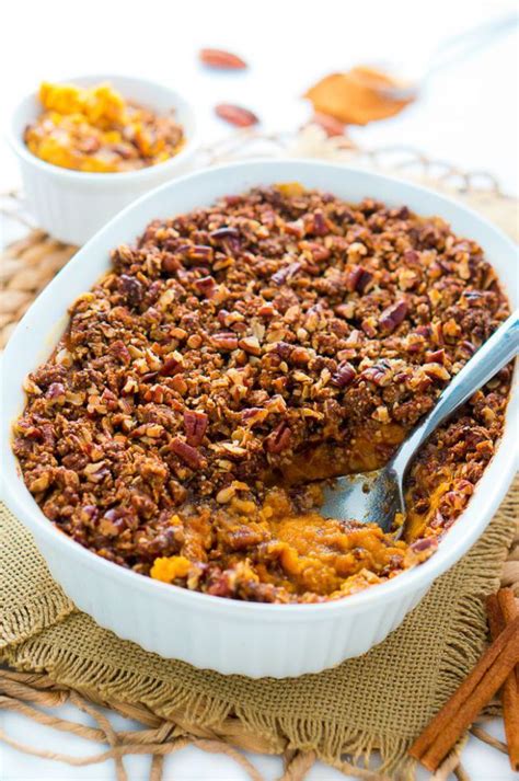 In a large bowl, mash the sweet potatoes and stir in melted butter, milk, sugar, vanilla extract and beaten eggland's best eggs. Sweet Potato Casserole with Pecan Topping - Delicious ...