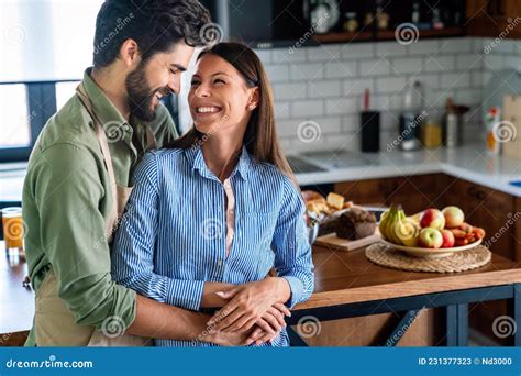 Happy Couple In Love Having Fun In Kitchen At Home Stock Image Image