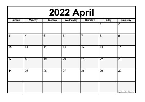 Calendar April 2022 Printable Calendar Template 2022