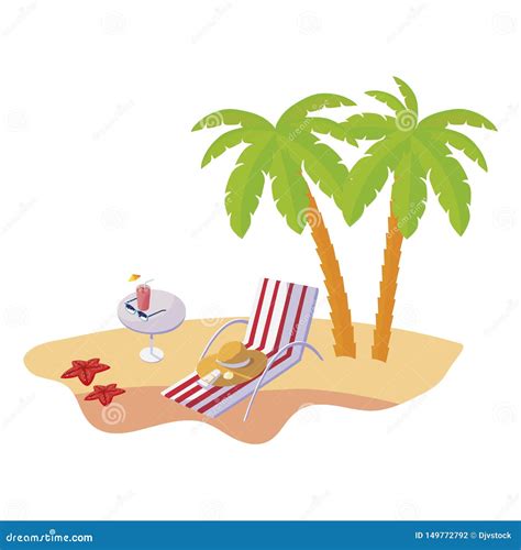 Summer Beach Scene With Tree Palms And Chair Stock Illustration