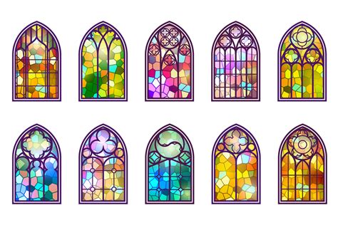 Gothic Windows Set Vintage Stained Glass Church Frames Element Of Traditional European