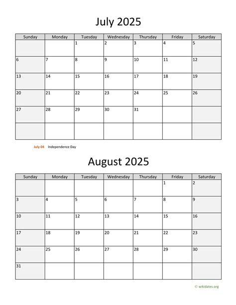 July And August 2025 Calendar