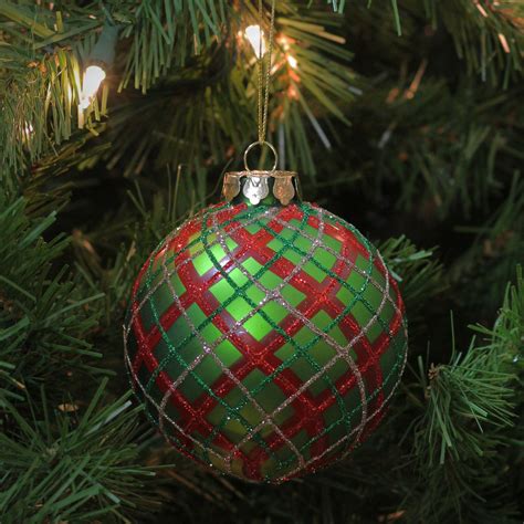 325 Holiday Moments Red Green And Gold Plaid Glass Ball Christmas