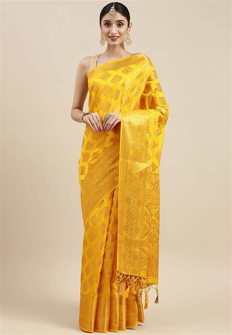 woven bangalore silk saree in dark yellow snga4397