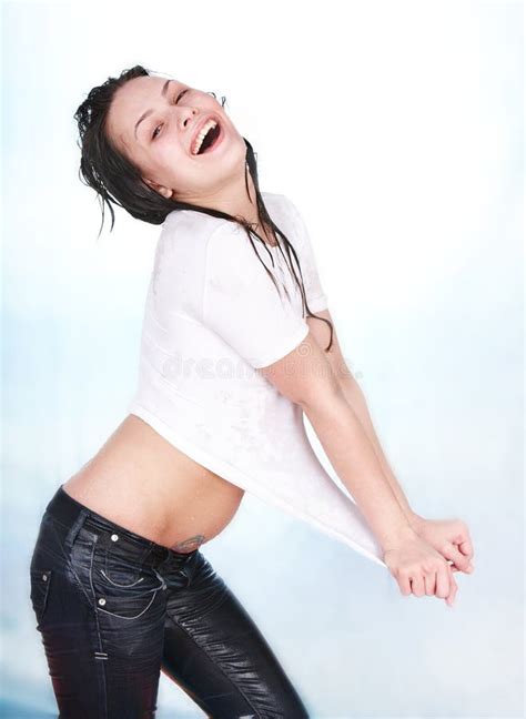 Girl In Wet Jeans And White T Shirt Stock Image Image Of Wellbeing