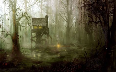 Brown Wooden Tree House Fantasy Art Forest Witch Swamp Hd Wallpaper