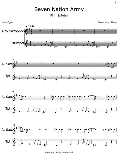 Seven Nation Army Sheet Music For Alto Saxophone Trumpet