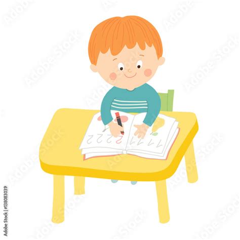 Cute School Boy Writing At Desk In Classroom Vector De Stock Adobe Stock