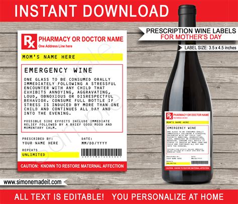 This confuses the pharmacist, who then writes the wrong. Mothers Day Prescription Wine Bottle Labels template | Emergency Wine