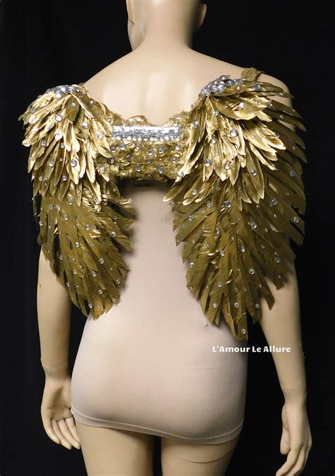 medium gold rhinestone angel wings cosplay dance costume rave wear halloween burlesque show girl