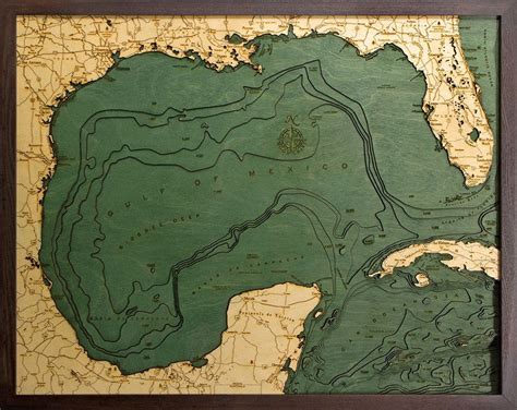 Bathymetric Map Gulf Of Mexico Scrimshaw Gallery Lake Art Wood Map