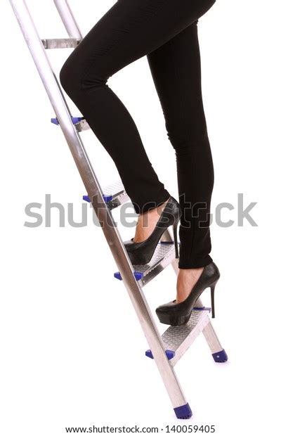 Woman Climbing Ladder Isolated On White Stock Photo 140059405