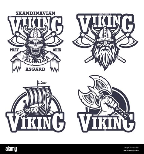 Conjunto De Emblemas Etiquetas Y Logotipos Vikingos Estilo Monocromo