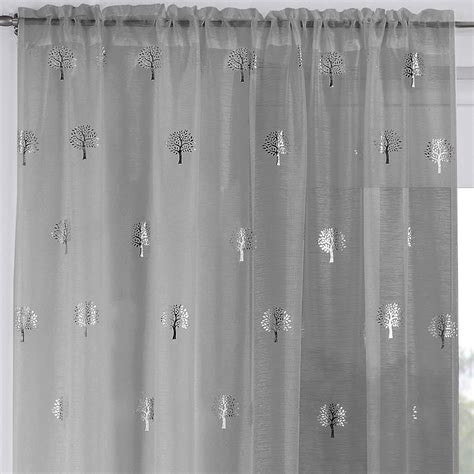 Grey Voile Curtain Silver Metallic Trees Slot Top Panels Rod Pocket