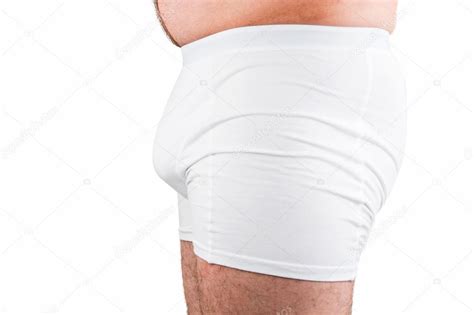 Close Up Of Man On White Boxer Underwear Pointing At Penis Stock Photo