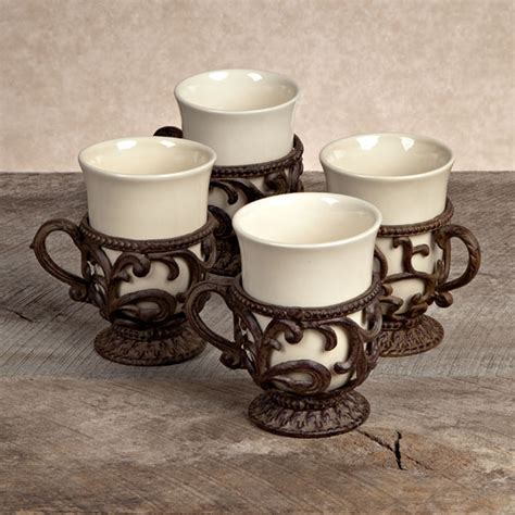 Gg Collection Gracious Goods Cream Ceramic Cups With Metal Holders 4
