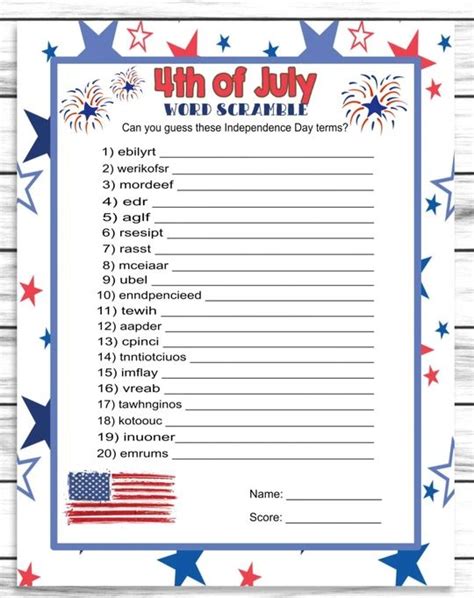 July 4th Party Word Scramble Game Printable Kids Activity Sheet