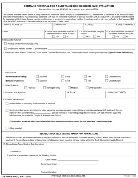 Da Form 8003 Command Referral For A Substance Use Disorder Sud