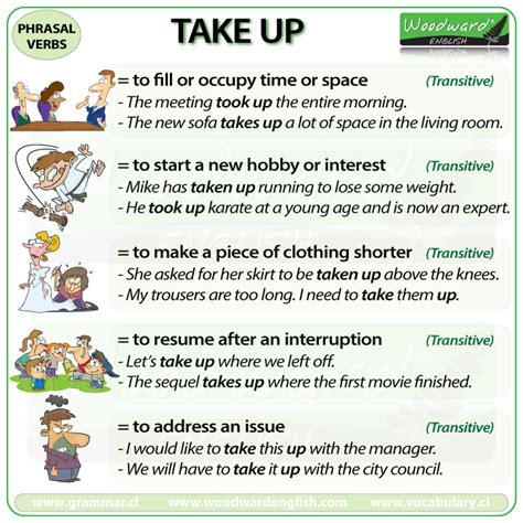 Take Up Phrasal Verb Meanings And Examples Woodward English