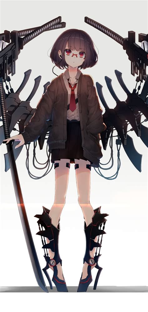 Wallpaper Mecha Anime Girl Meganekko Short Hair Cyber Wings
