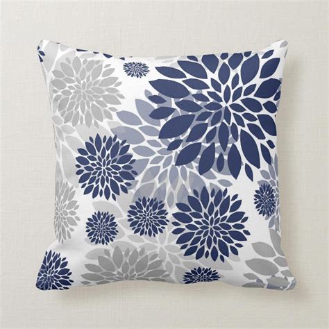 Navy Blue Gray Flower Pattern Throw Pillow Zazzle Blue Throw