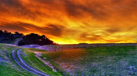 1080p Free Download Sunset At Hillside Hills Grass Path Nature
