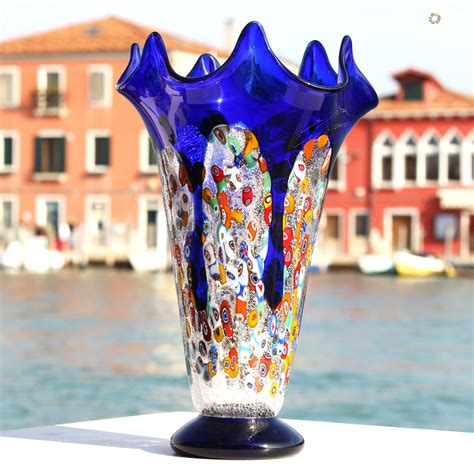 Vases Blown Collection Geranium Blue Murano Vase Glass Millefiori