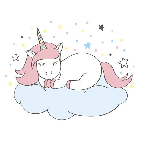 Funny Cartoon Unicorn Character Sleeping On A Cloud Isolated On White