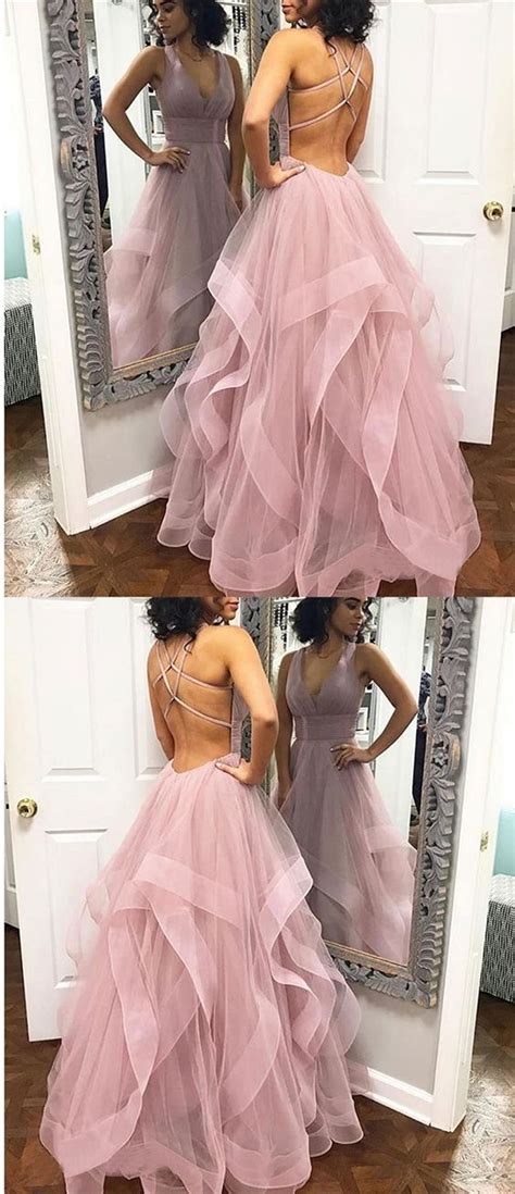 A Line V Neck Criss Cross Back Pink Tiered Prom Dress Sequin Party Dress Tiered Prom Dress