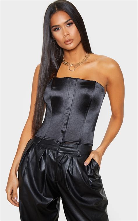 black satin structured lace up corset tops prettylittlething usa