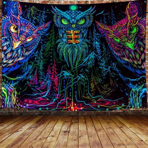 Jawo Psychedelic Owl Tapestry Trippy Forest Line Art Tapestry Wall