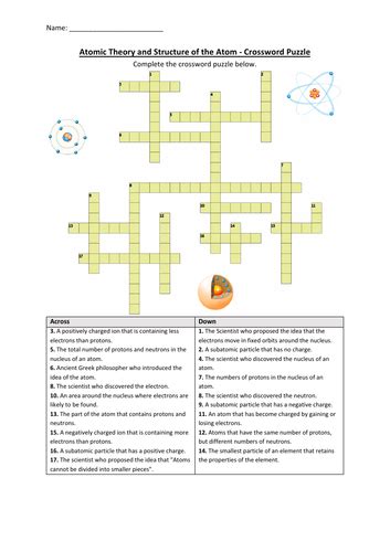 Atomic Theory And Structure Of The Atom Crossword Puzzle Worksheet