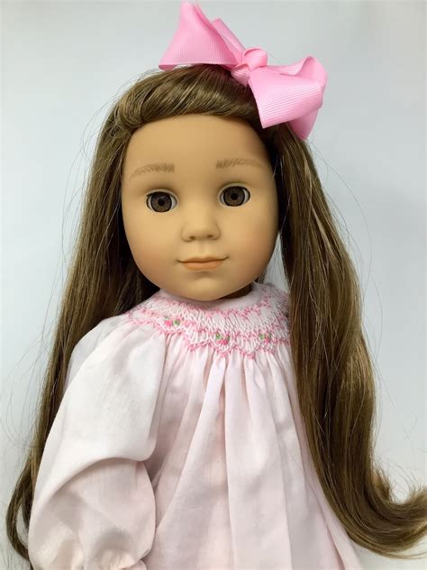 custom american girl doll ~ emma claire ~ ooak in a hand smocked and embroidered pink dress