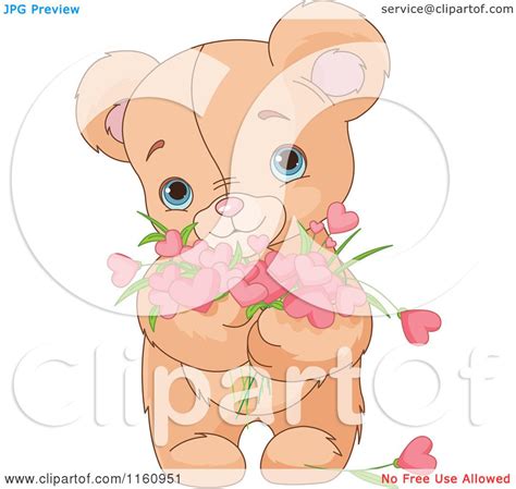 Cartoon Of A Cute Teddy Bear Holding Valentine Flower