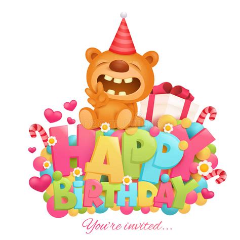 Happy Birthday Invitation Card Template With Toy Teddy