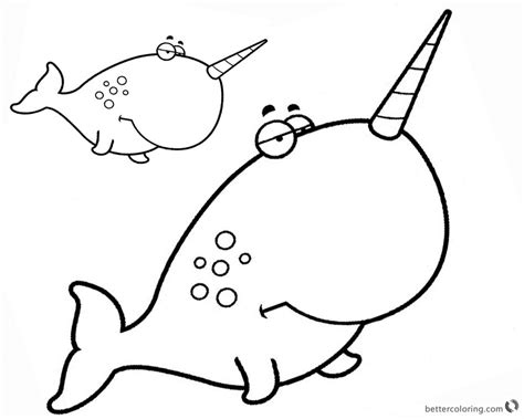 This cute narwhal is smiling while sleeping. Two Cartoon Narwhal Coloring Pages with Big Head - Free ...