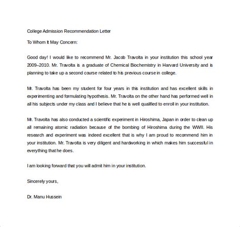 Free 20 College Recommendation Letter Templates In Pdf Ms Word Pages