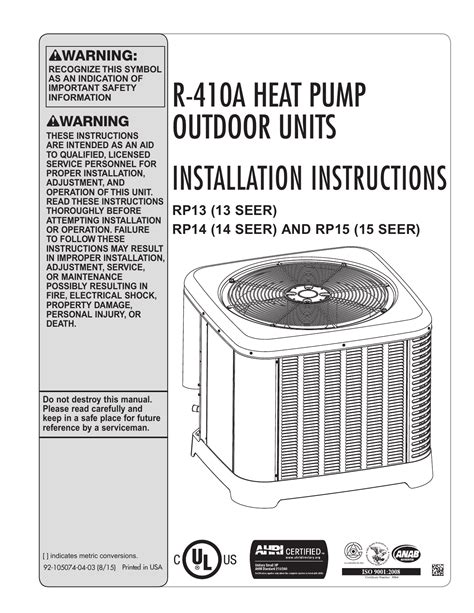 Rheem Rp1418fj1na Rp14 Series 15 Ton 14 Seer R 410a Heat Pump