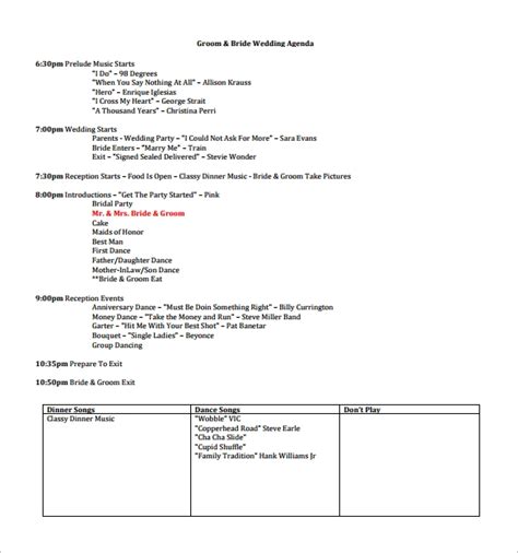 sample wedding agenda templates