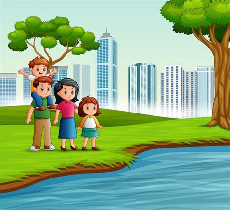 Familia De Divertidos Dibujos Animados En El Parque De La Ciudad