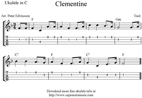 The songs have the melody written with sheet music notation, lyrics and chord diagrams for uke. "Clementine" Ukulele Sheet Music - Free Printable | Ukulele tabs