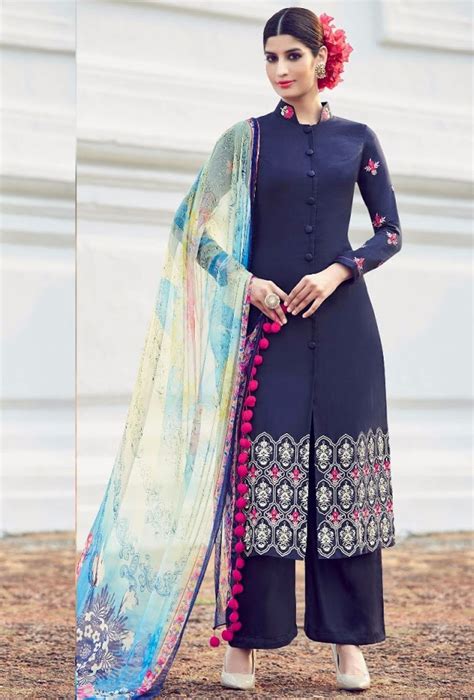 Blue Designer Embroidered Suit With Printed Dupatta Designer Suits