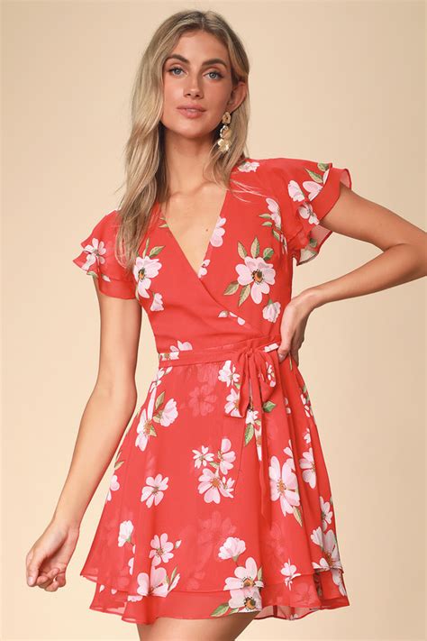 cute red floral dress ruffled mini dress floral print dress lulus